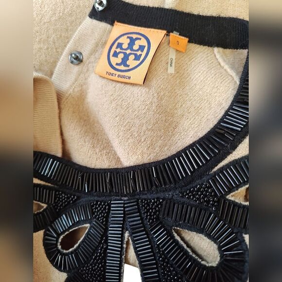 Tory Burch Wool Felt Beaded Embellished Collar Trim Pullover Sweater Beige Black - Picture 4 of 4